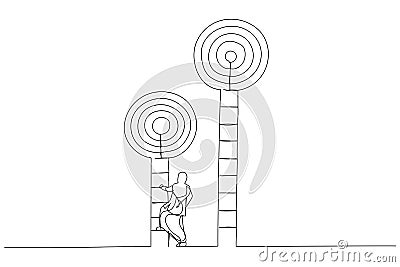 Cartoon of smart muslim businesswoman about to climb up ladder to achieve short term goal. Metaphor for focus on short term goal Vector Illustration