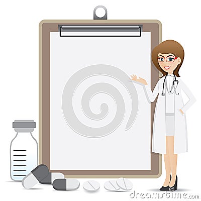 Cartoon smart pharmacist presentation with blank clip board Vector Illustration