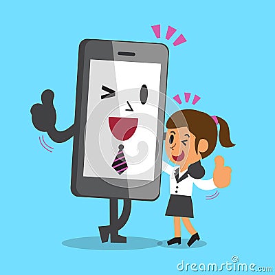 Cartoon smartphone and businesswoman with their thumb up Vector Illustration