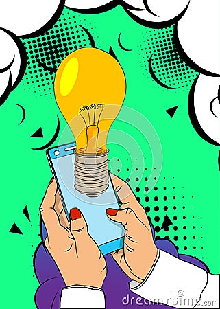 Cartoon Smartphone, comic book Telephone with Light Bulb. Retro vector comics pop art design Vector Illustration