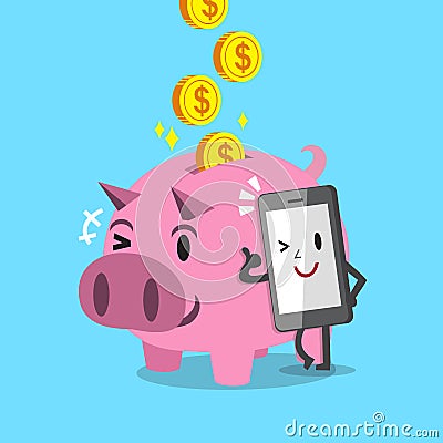 Cartoon smartphone earning money with pink piggy Vector Illustration