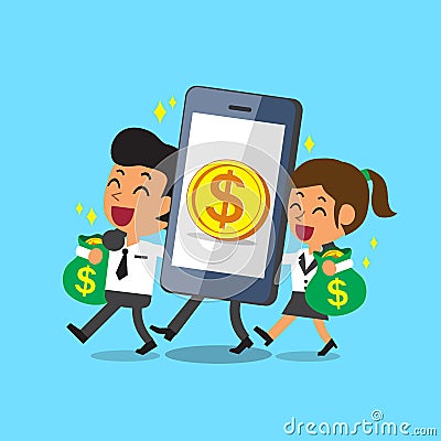 Cartoon smartphone help business team to earn money Vector Illustration