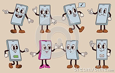 Cartoon smartphone mascot. Mobile phone characters, funny gadget screen with 1930s animation style face and rubber hose Vector Illustration