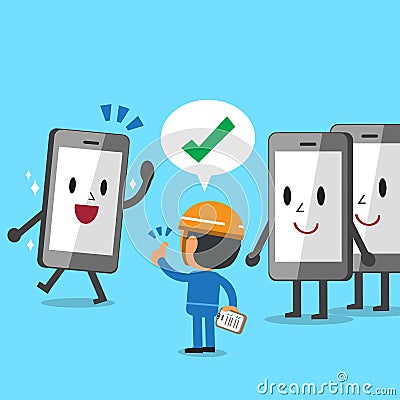 Cartoon smartphone ready for work checked by engineer Vector Illustration