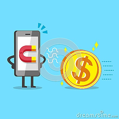 Cartoon smartphone using magnet icon to attracts big money coin Vector Illustration