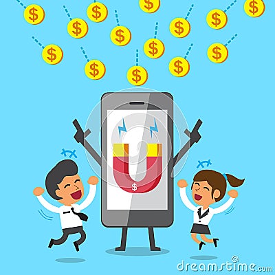 Cartoon smartphone using magnet icon to attracts money coins Vector Illustration