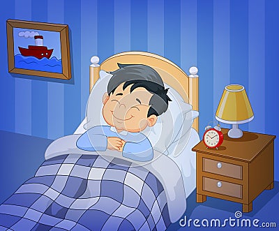 Cartoon smile little boy sleeping in the bed Vector Illustration