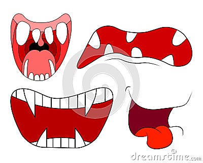 Cartoon smile, mouth, lips with teeth and tongue set. vector illustration on white background Vector Illustration