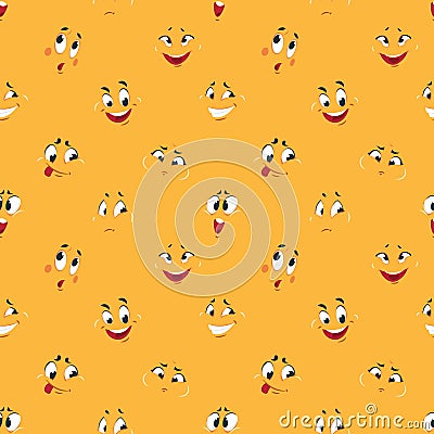 Cartoon smiley pattern. Funny crazy faces happy cute smile caricature fun comic expressions Cartoons face seamless Vector Illustration