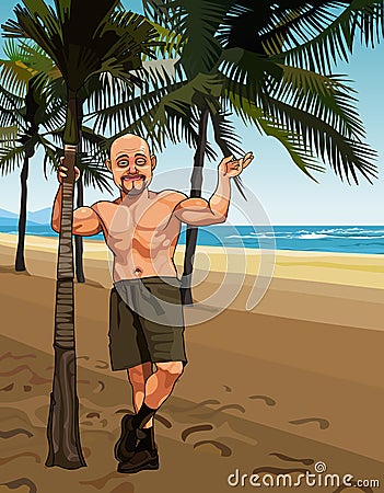 Cartoon smiling bald man in shorts on a sandy beach with palm trees Vector Illustration