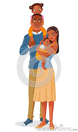 Cartoon smiling black ethnic family with two kids. Vector illustration isolated on white background. Vector Illustration