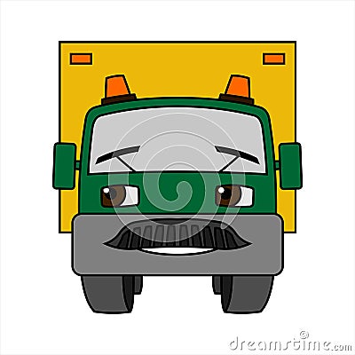 A Cartoon Smiling Car With Flashing Lights. Cartoon Little Truck. Contour Vector Illustration On White Background. Funny Character Stock Photo