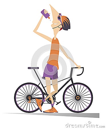 Smiling cyclist with a bike drinks water isolated illustration. Vector Illustration