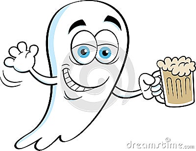 Cartoon smiling ghost holding a beer. Vector Illustration