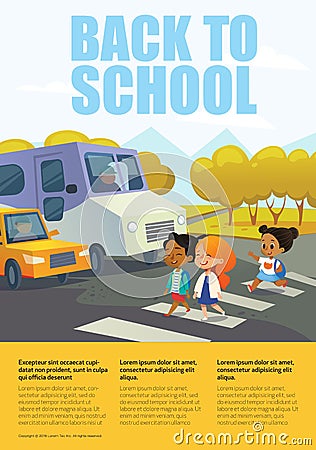 Cartoon smiling girls crossing road along crosswalk in front of stopped bus and car. Traffic safety education for Vector Illustration