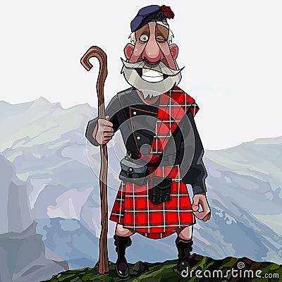 Cartoon smiling gray haired Scottish highlander in a kilt with a staff in his hand stands high in the mountains Vector Illustration
