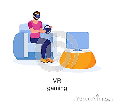 Cartoon smiling guy drives car with virtual reality goggles vector Vector Illustration