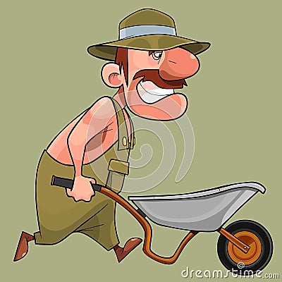 Cartoon smiling male gardener carrying a garden wheelbarrow Vector Illustration