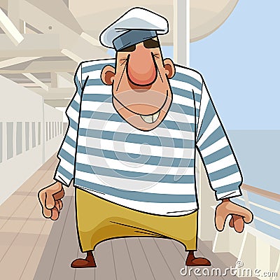 Cartoon smiling man big sailor in striped vest on deck of ship Vector Illustration