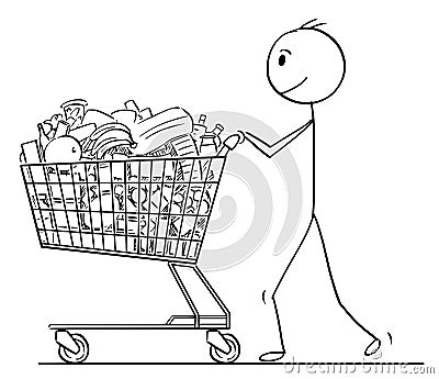 Cartoon of Smiling Man or Businessman Pushing Shopping Cart Full of Goods Vector Illustration