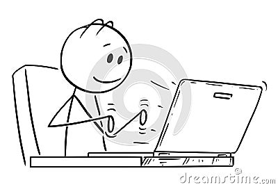 Cartoon of Smiling Man or Businessman Working or Typing on Laptop or Notebook Computer Vector Illustration