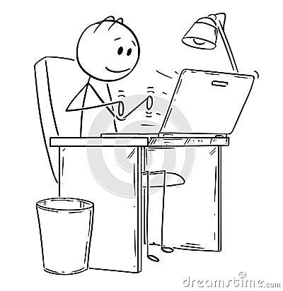 Cartoon of Smiling Man or Businessman Working or Typing on Laptop or Notebook Computer Vector Illustration