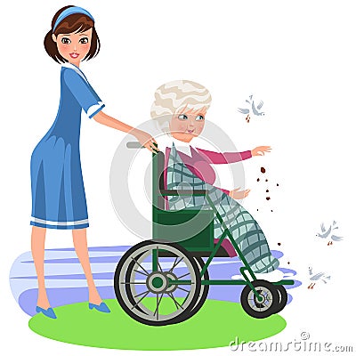 Cartoon smiling nurse helping woman in wheelchair Vector Illustration