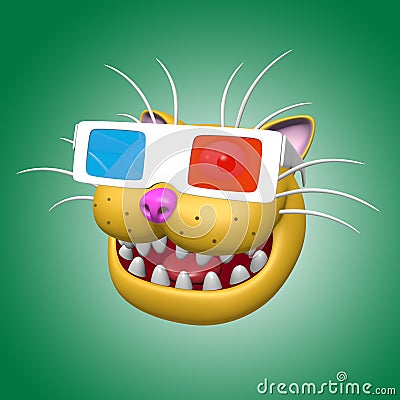 Cartoon smiling orange cat head in 3d glasses. 3D illustration. Vector Illustration