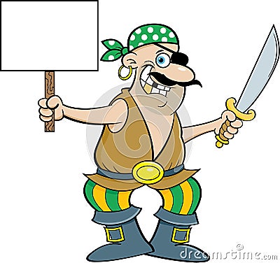 Cartoon smiling pirate holding a cutlass and a sign. Vector Illustration