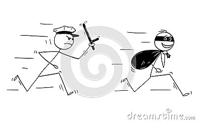 Cartoon of Smiling Thief Running With Bag of Loot and Policeman Chasing Him Vector Illustration