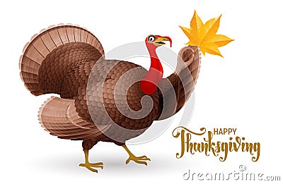 Cartoon smiling turkey bird with hand writting phrase Happy Thanksgiving Vector Illustration