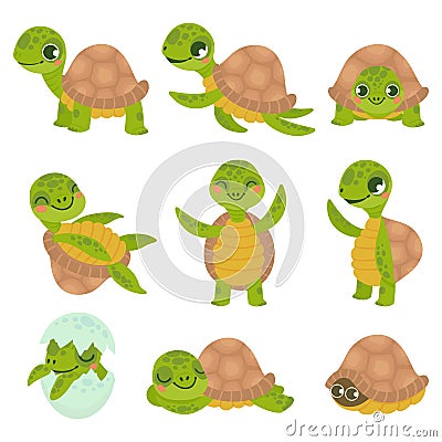 Cartoon smiling turtle. Funny little turtles, walking and swim tortoise animals vector set Vector Illustration