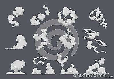 Cartoon smoke cloud. Comic steam explosion dust fight animation fog movement smog motion game smoke. Vector gas blast Vector Illustration