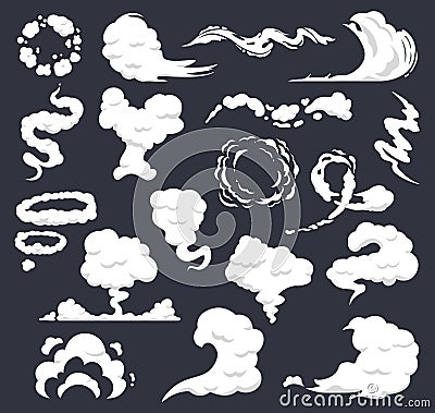 Cartoon smoke. Comic clouds, steaming smoke flows, steam explosion cloud. Dust, smog and smoke clouds isolated vector Vector Illustration