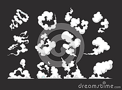 Cartoon smoke. Smoking car motion clouds cooking smog smell dust toxic blast vector isolated comic collection Vector Illustration