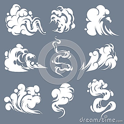 Cartoon smoke. Smoking steam clouds smells bad expired fire gas flash vapour aroma puff mist fog effects game shot Vector Illustration