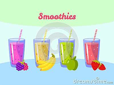 Cartoon smoothies. Berry banana apple and strawberry. Organic fruit shake Vector Illustration