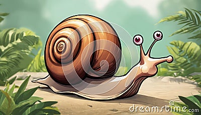 A cartoon snail with big eyes and a shell on its back Stock Photo