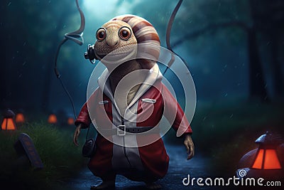 A cartoon snail character dressed in a red robe and holding a rope, AI Stock Photo