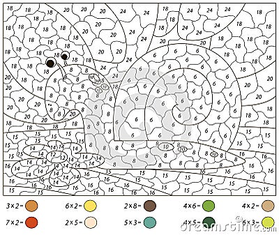 Cartoon snail on the green leaf. Math activity worksheet. Multiplication table. Color by number educational game Vector Illustration