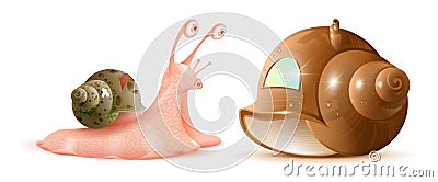 Cartoon snail looks at new shell of house. Buying property Vector Illustration