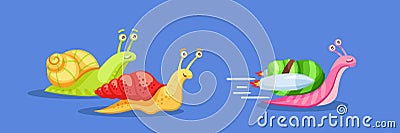 Cartoon snail race leader. Slow moving snails back turbo rocket fast accelerated happy snail. Advantage concept vector Vector Illustration