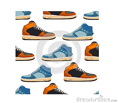 Cartoon sneakers seamless texture. Fashionable sneakers side view. Flat style. Vector Vector Illustration