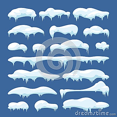 Cartoon snow caps, snowdrifts and icicles. Snowy christmas decoration vector elements Vector Illustration