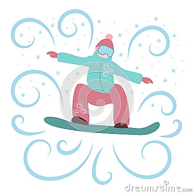 Cartoon snowboarder jumping on the board. Winter sport. The guy is snowboarding in winter clothes. Vector Illustration