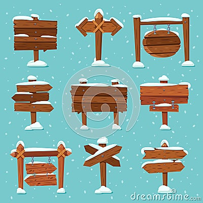 Cartoon snowed signpost. Christmas wooden signpost with snowcap. Arrows on snow and direction signs with icicles on top vector set Stock Photo