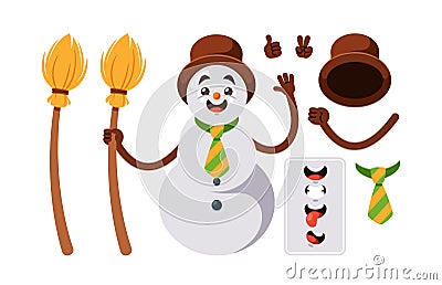 Cartoon Snowman Creation Kit. Winter Personage Body Parts, Hands, Face Emotions, Eyes, Nose And Mouth. Gestures, Tie Vector Illustration