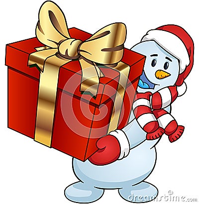 Cartoon snowman holding a gift Vector clip art illustration simple gradients Vector Illustration