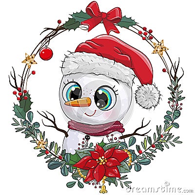 Cartoon Snowman in Santa hat on a white background Vector Illustration