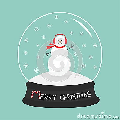 Cartoon Snowman, scarf and headphones on snowdrift Crystal ball with snowflakes. Vector Illustration